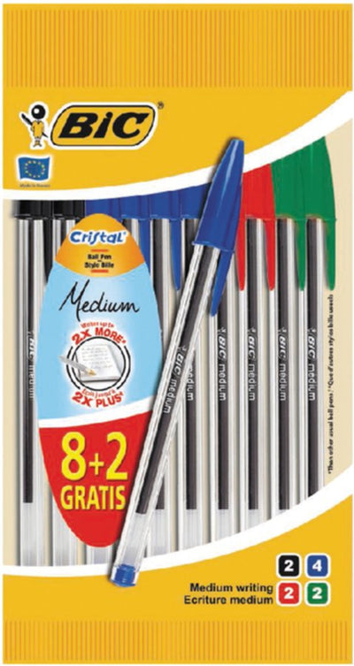 Balpen Bic Cristal assorti medium zakje à 8+2 gratis