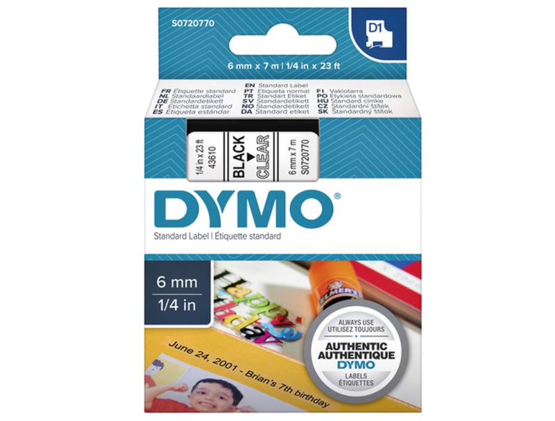 Labeltape Dymo 43610 D1 720770 6mmx7m zwart op transparant