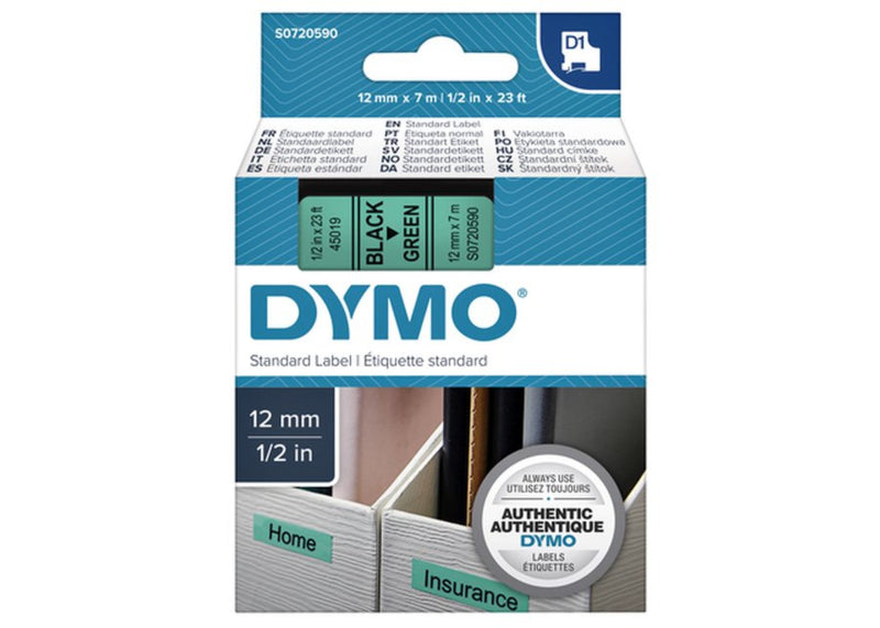 Labeltape Dymo 45019 D1 720590 12mmx7m zwart op groen