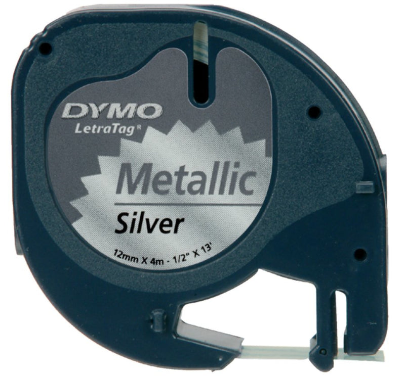 Labeltape Dymo Letratag 91208 metallic 12mm zwart op zilver