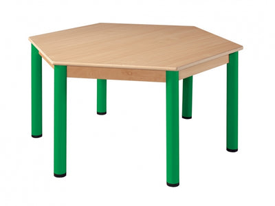 Tafel beuken/metaal zeskantig 120 cm. 40-76 cm.