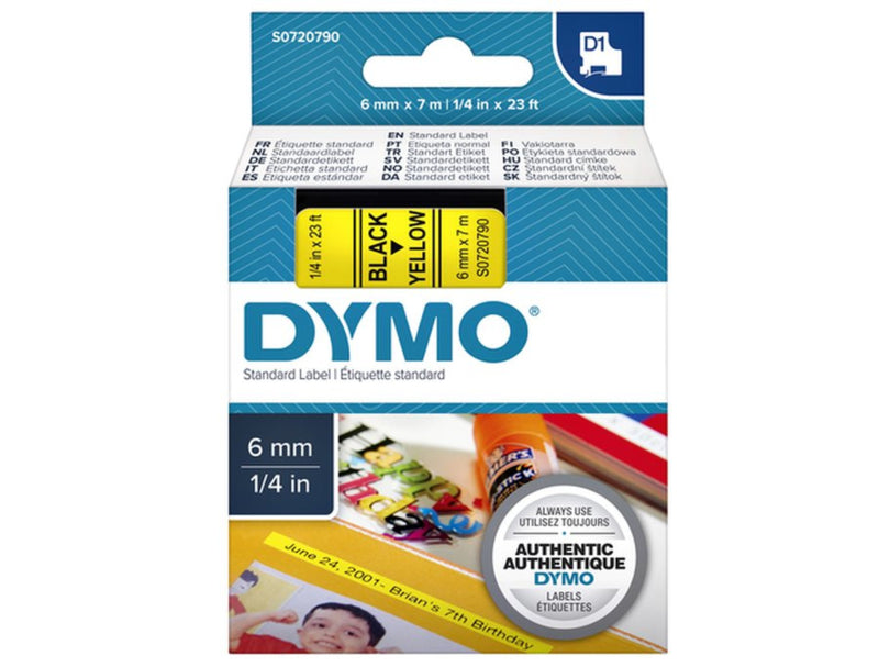 Labeltape Dymo 43618 D1 720790 6mmx7m zwart op geel