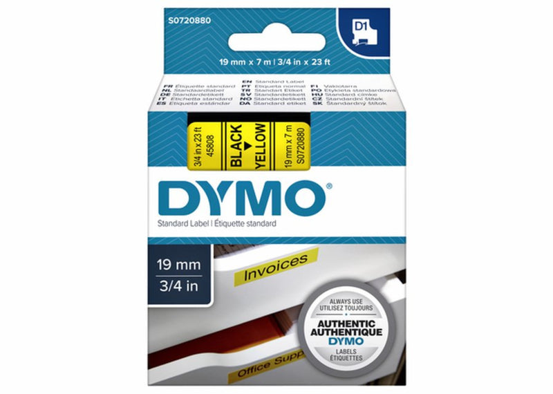 Labeltape Dymo 45808 D1 720880 19mmx7m zwart op geel