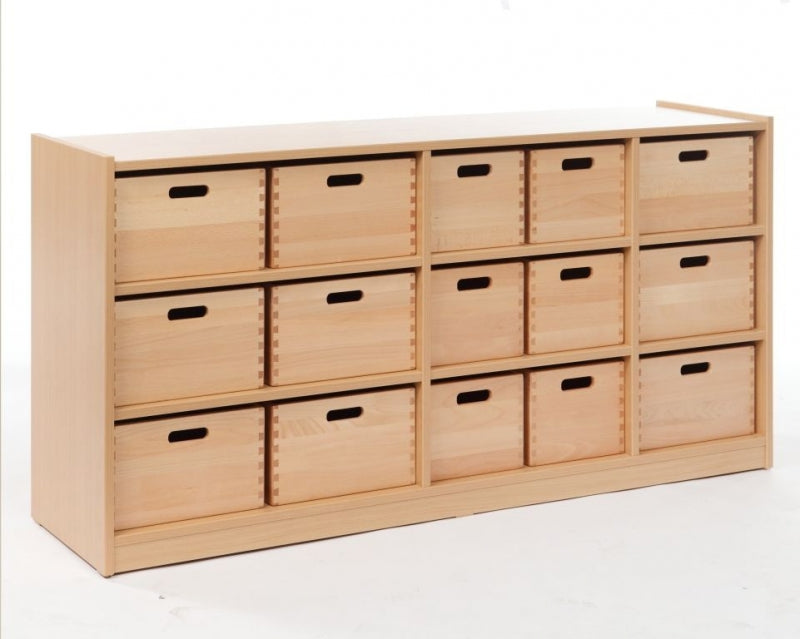 Ruimtedelingskast met 15 houten bakken.