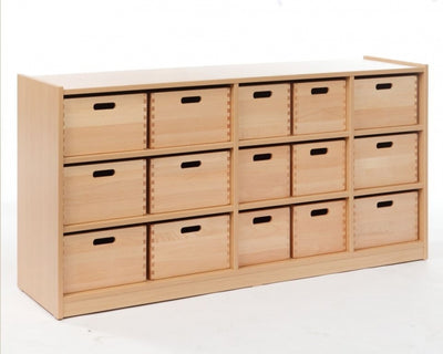 Ruimtedelingskast met 15 houten bakken.