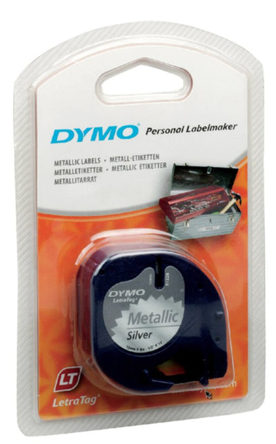 Labeltape Dymo Letratag 91208 metallic 12mm zwart op zilver