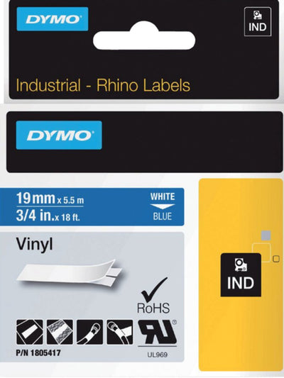 Labeltape Dymo Rhino 18054 19mmx5.5m vinyl wit op blauw