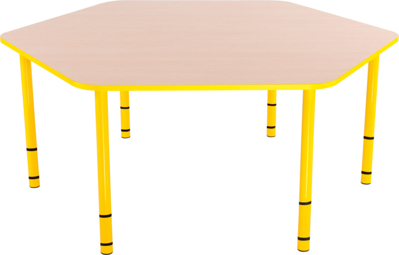 Zeshoekige Quint-tafel 128 cm 40-58cm hoogte verstelbaar geel