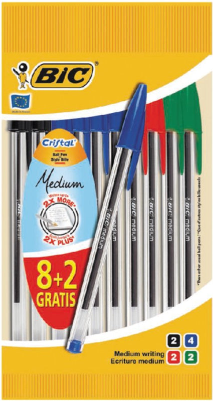 Balpen Bic Cristal assorti medium zakje Ã 8+2 gratis