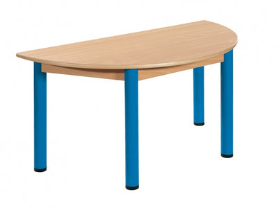 Tafel beuken/metaal 120 x 60 cm. halfrond 40-76 cm.