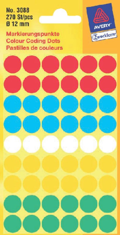 Etiket Avery Zweckform 3088 rond 12mm assorti 270stuks