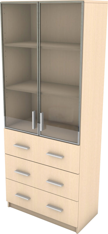 Expo hoge kast met vitrine met aluminium frame - esdoorn