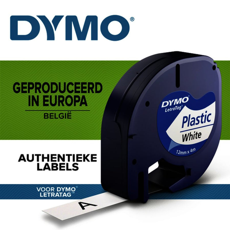 Labeltape Dymo Letratag 91201 plastic 12mm zwart op wit