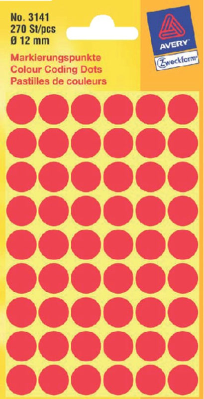 Etiket Avery Zweckform 3141 rond 12mm rood 270stuks