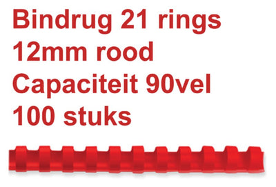 Bindrug Fellowes 12mm 21rings A4 rood 100stuks
