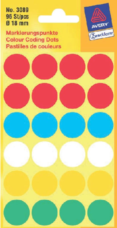 Etiket Avery Zweckform 3089 rond 18mm assorti 96stuks