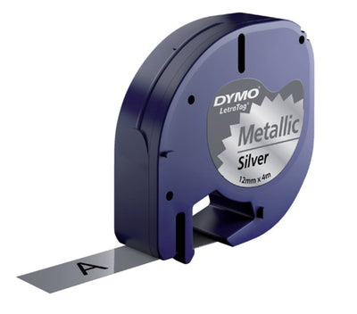 Labeltape Dymo Letratag 91208 metallic 12mm zwart op zilver