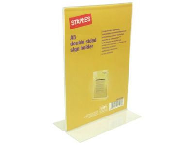 Staples Reclamehouder A5 Tafelstandaard rechtstaand, Dubbelzijdig, Transparant