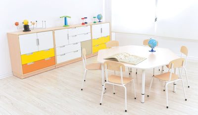 Zeshoekige Quint-tafel 128 cm 40-58cm hoogte verstelbaar esdoorn