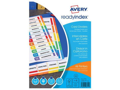 Avery ReadyIndexâ„¢, voorbedrukt tabblad, karton, 12-delig, A4, assorti