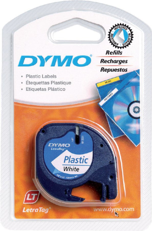 Labeltape Dymo Letratag 91201 plastic 12mm zwart op wit